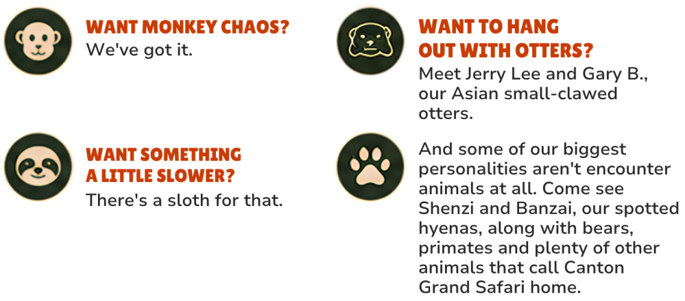 Icons with information about monkey chaos, sloths, and otters at a safari.