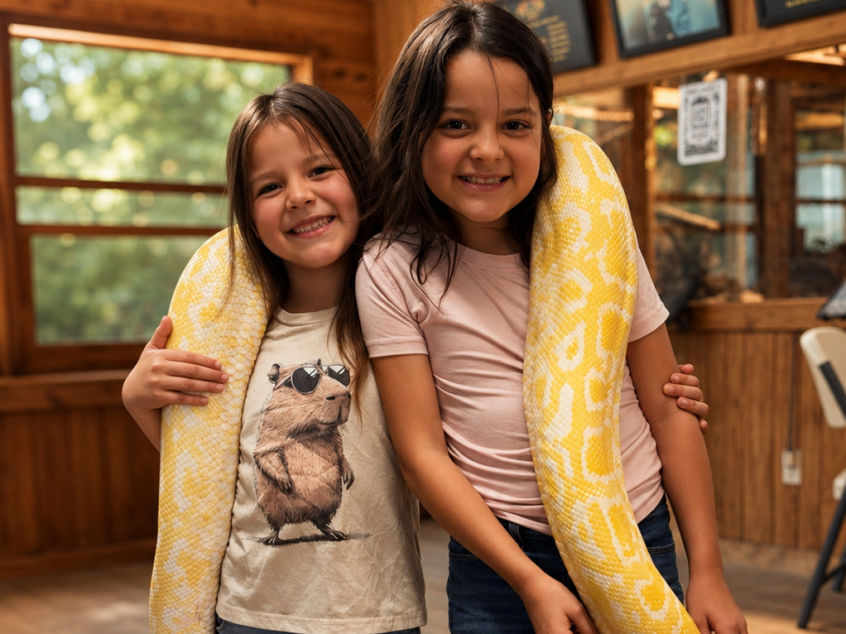 Two smiling girls holding a large yellow snake indoors.