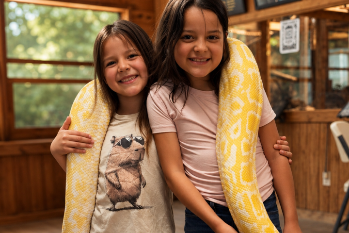 Two smiling girls holding a large yellow snake indoors.