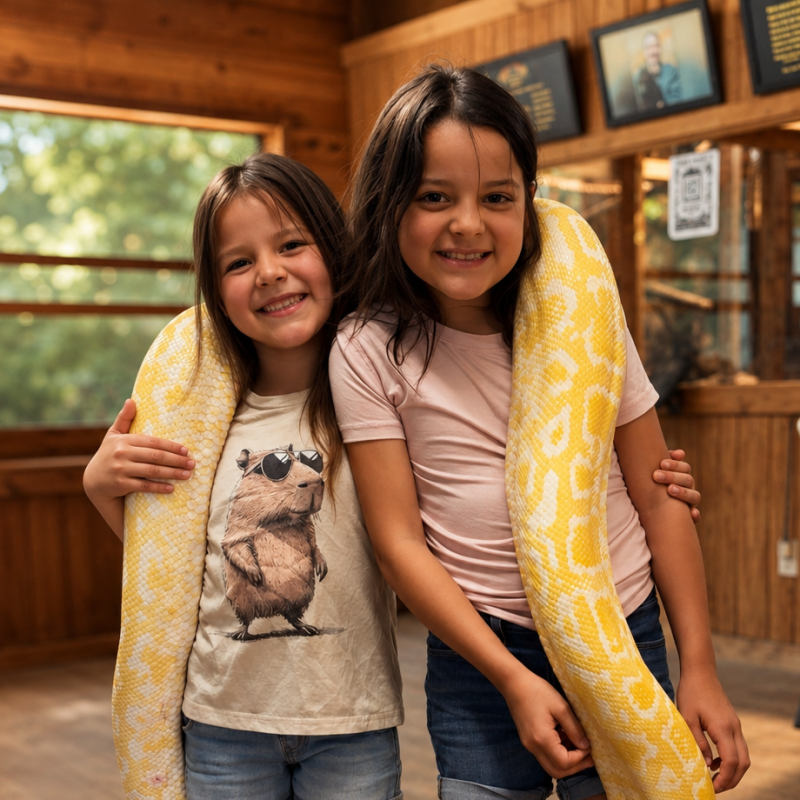 Two smiling girls holding a large yellow snake indoors.