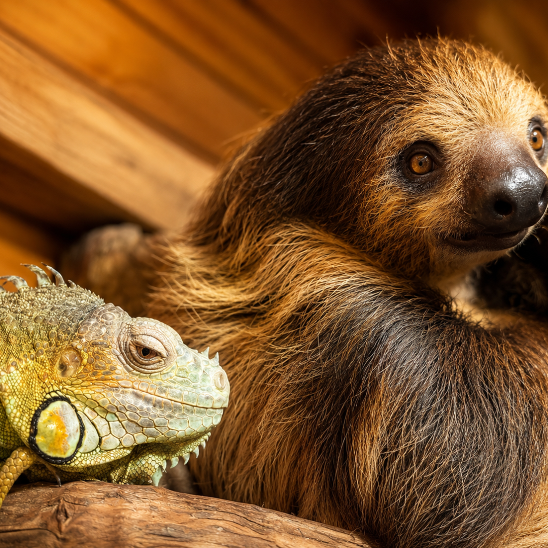 A sloth and iguana rest close together on wooden beams.