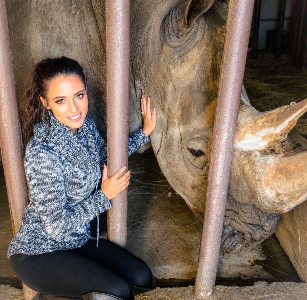 Person kneeling beside a rhino behind bars in an indoor enclosure.