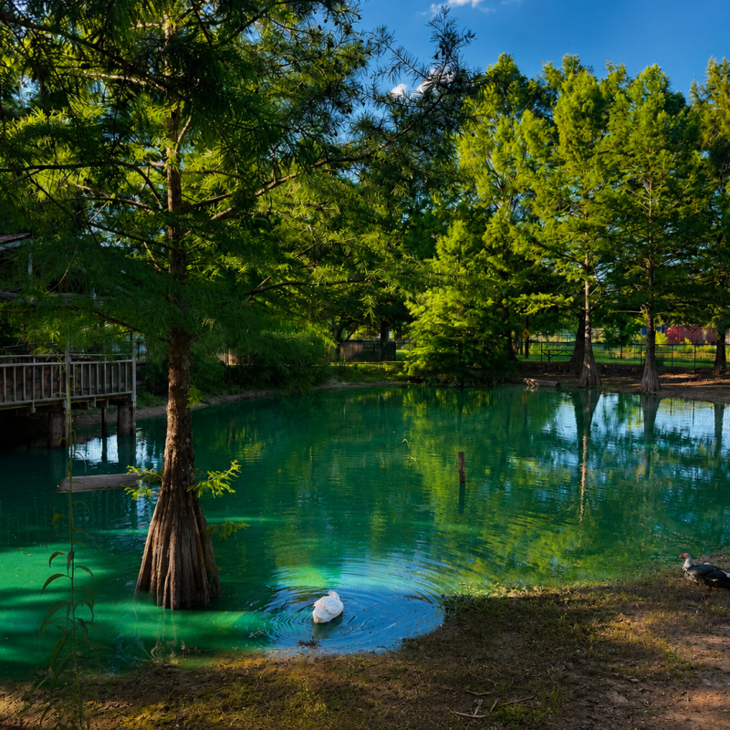 Peaceful pond with ducks, surrounded by lush trees and a wooden bridge.