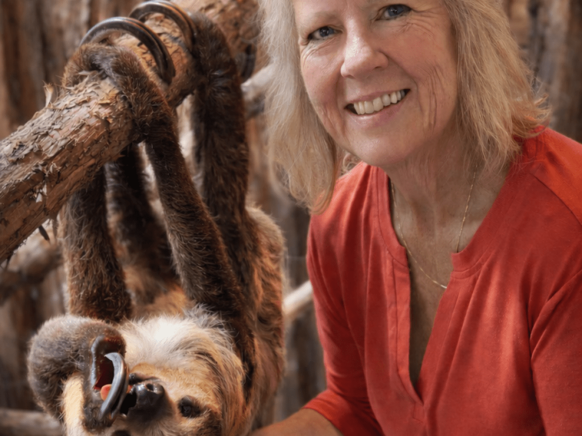 Woman smiling next to a sloth hanging from a branch.