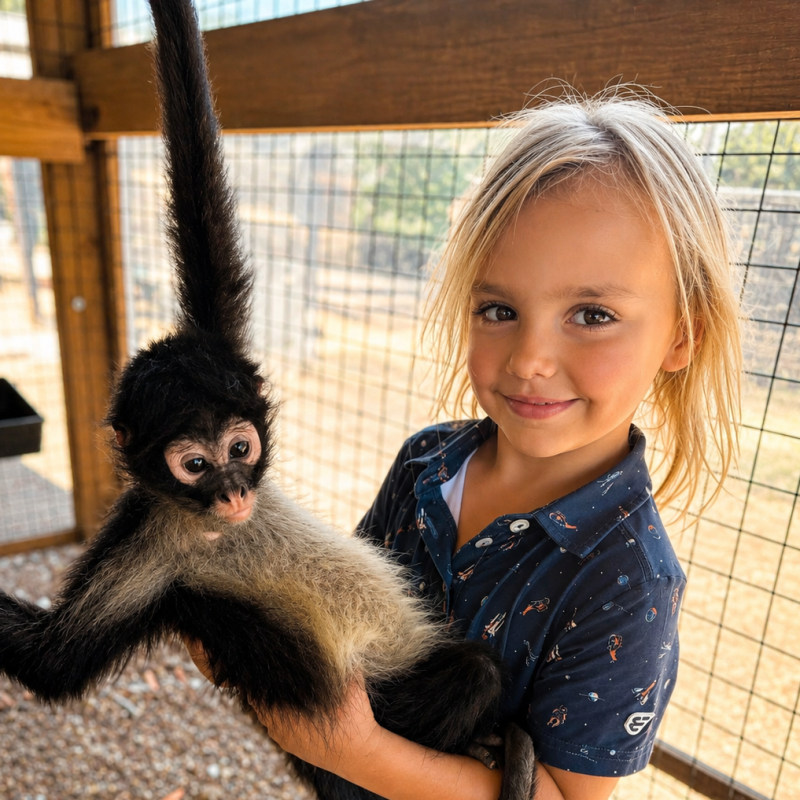 Child holding a spider monkey inside a fenced enclosure.