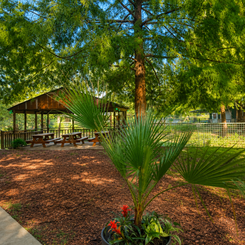 Wooden pavilion with picnic tables in a green park, surrounded by trees.