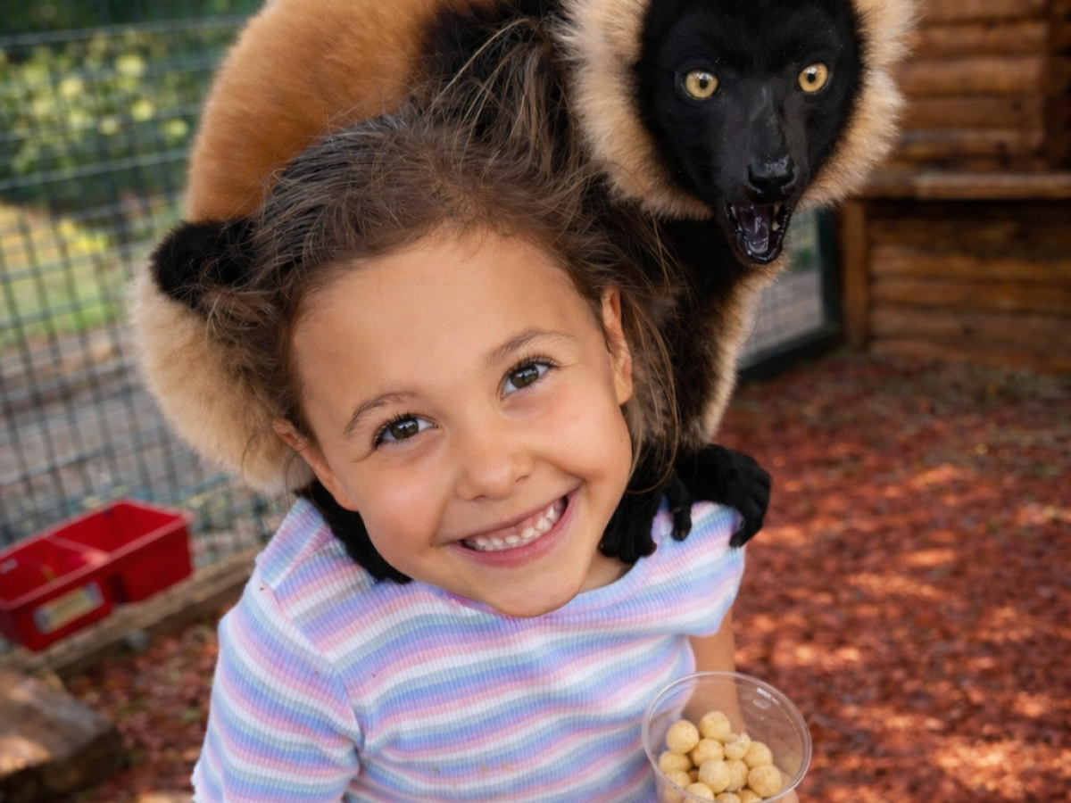 Girl smiling with a lemur on her shoulder, holding a cup of food.