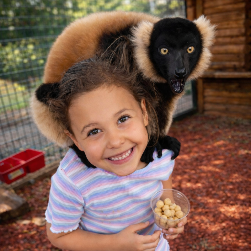 Girl smiling with a lemur on her shoulder, holding a cup of food.