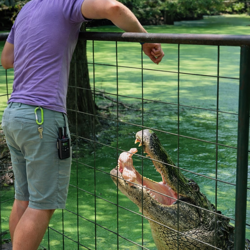 Person in purple shirt interacting with a crocodile behind a fence over green water.
