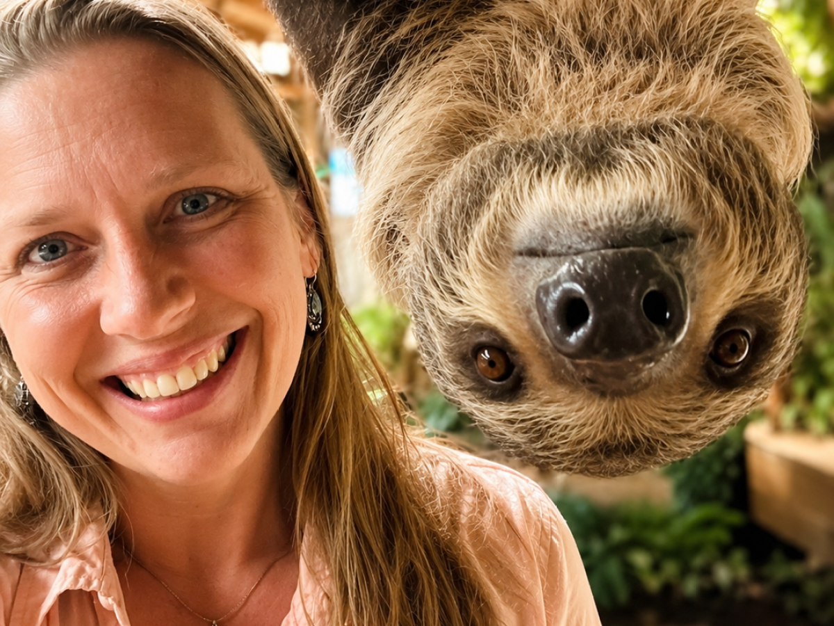 Woman smiling with a sloth hanging upside down beside her.