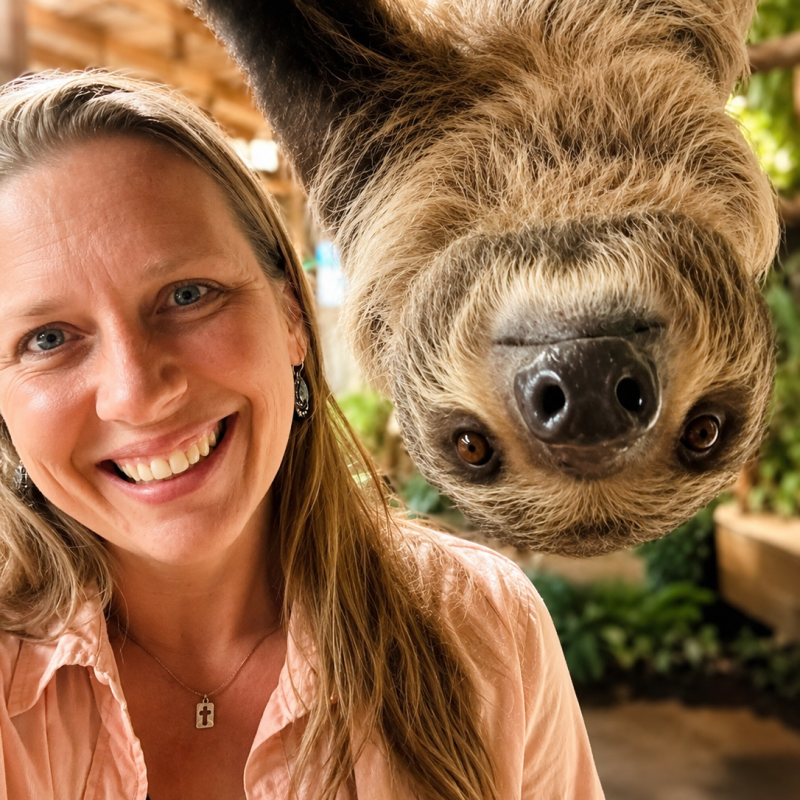 Woman smiling with a sloth hanging upside down beside her.