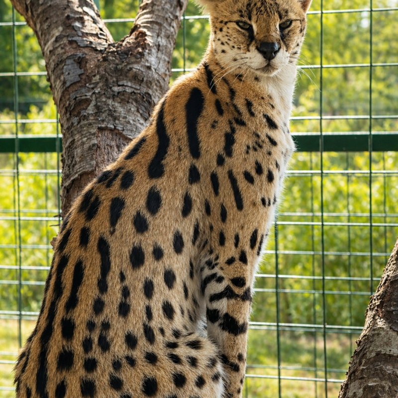 Spotted serval cat sitting on a tree branch in an enclosure.