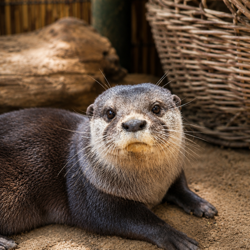 Otter lying on sand near a woven basket and wooden log.