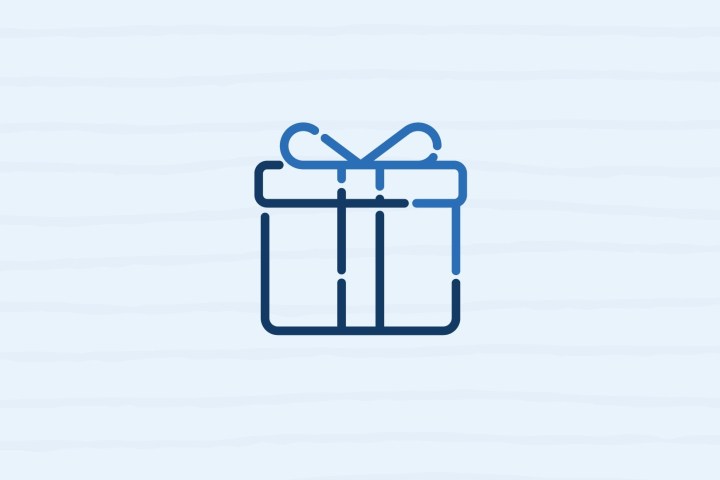 Simple blue line drawing of a gift box with ribbon.