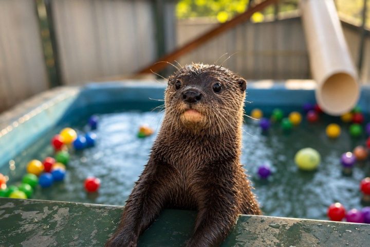 Otter with pool and colorful balls in the background.