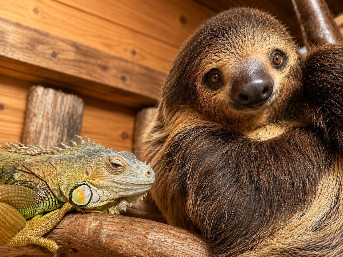 Sloth and iguana resting together on wooden branches.
