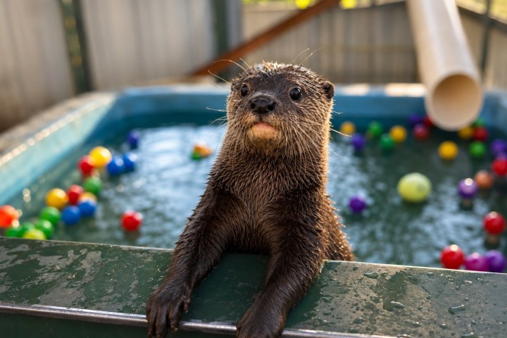 Otter in a pool with colorful balls, looking over the edge.